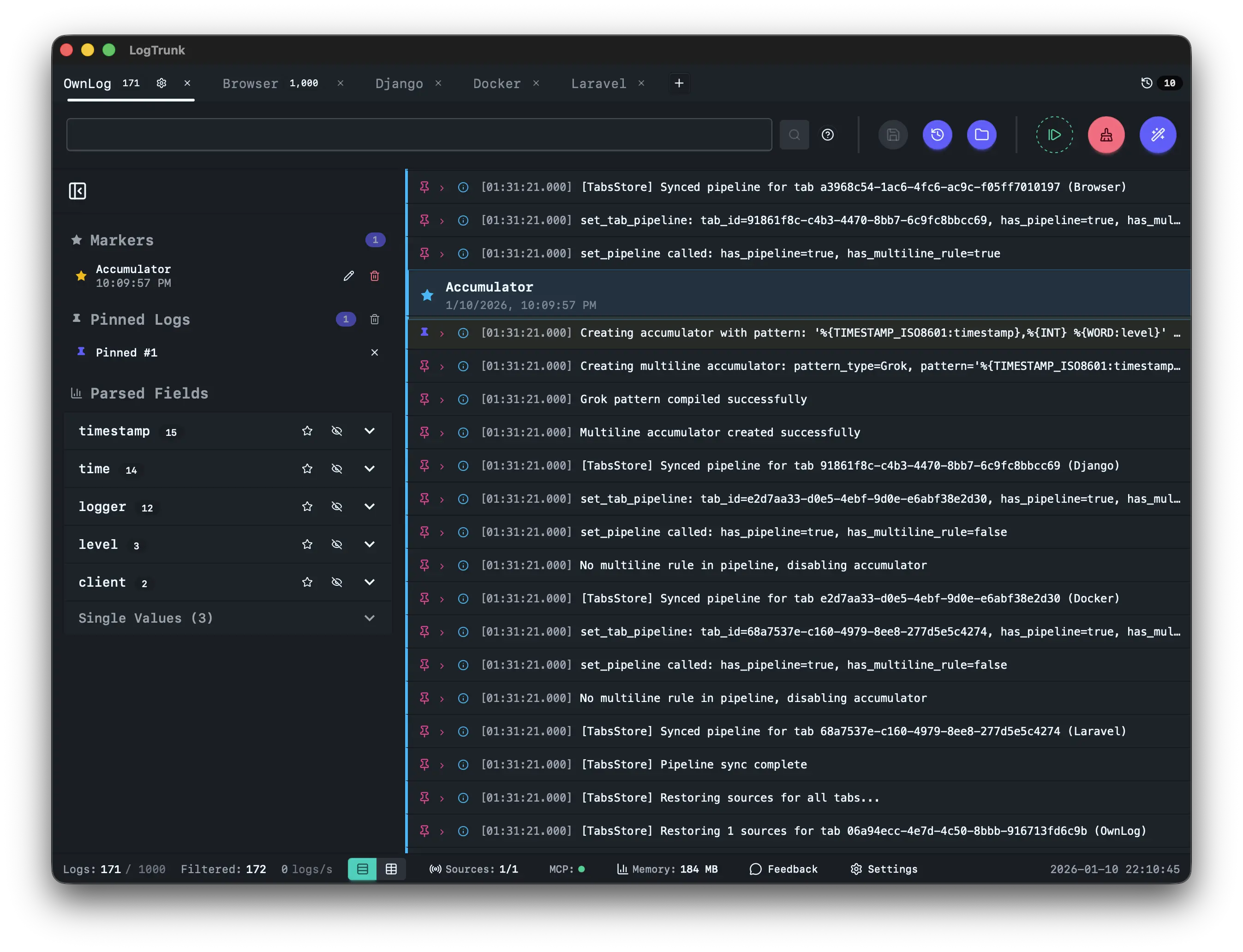 LogTrunk app showing log entries with parsed fields, filters, and real-time streaming